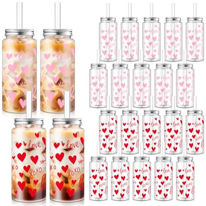 Vesici 24 Pack Valentine's Day Party Cups with Lid and Straw 13.5 oz Clear Reusable Plastic Tumblers Bulk Red Pink Heart Printed Design Cold Drink for Valentine's Day Party Birthday Supplies