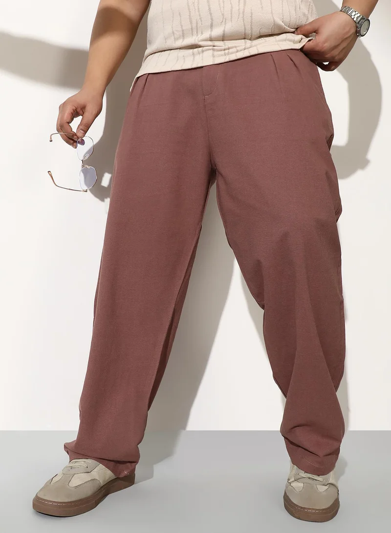 Men Linen-Blend Pleated Trousers | Mid-Rise, Double-Closure Extended Waistband | Button, Straight Hem | Solid Plain Woven Fabric For Casual & Daily | Grape Brown