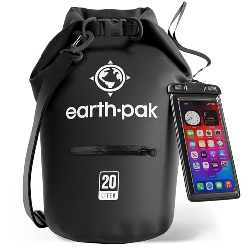 Earth Pak حقيبة جافة مقاومة للماء من Earth Pak مع جيب بسحاب - حقيبة ظهر جافة مقاومة للماء تحافظ على المعدات جافة للتجديف، التخييم، الصيد، حقيبة الشاطئ، ملحقات الكاياك - حقائب جافة مقاومة للماء مع حافظة هاتف 20 لتر - Image 1