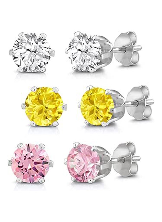 Generic Gem Stone King Set of (3) 6mm Round Cubic Zirconia Pink, Yellow and White CZ Stud Earrings  - Image 1