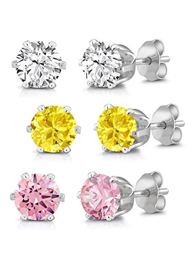 Generic Gem Stone King Set of (3) 6mm Round Cubic Zirconia Pink, Yellow and White CZ Stud Earrings  - Image 2