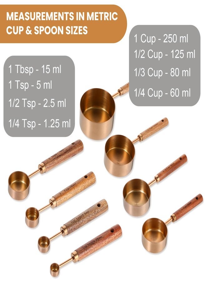 AojSup 8-Piece Stainless Steel Measuring Cups and Spoons Set - Rose Gold Baking Measuring Cups and Spoons Set with Wooden Handles for Cooking & Baking (US & Metric Measurements) - Image 3