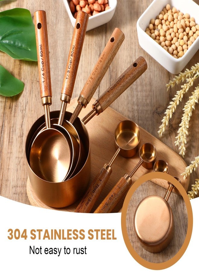 AojSup 8-Piece Stainless Steel Measuring Cups and Spoons Set - Rose Gold Baking Measuring Cups and Spoons Set with Wooden Handles for Cooking & Baking (US & Metric Measurements) - Image 2