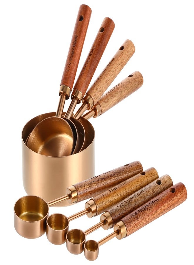 AojSup 8-Piece Stainless Steel Measuring Cups and Spoons Set - Rose Gold Baking Measuring Cups and Spoons Set with Wooden Handles for Cooking & Baking (US & Metric Measurements) - Image 1