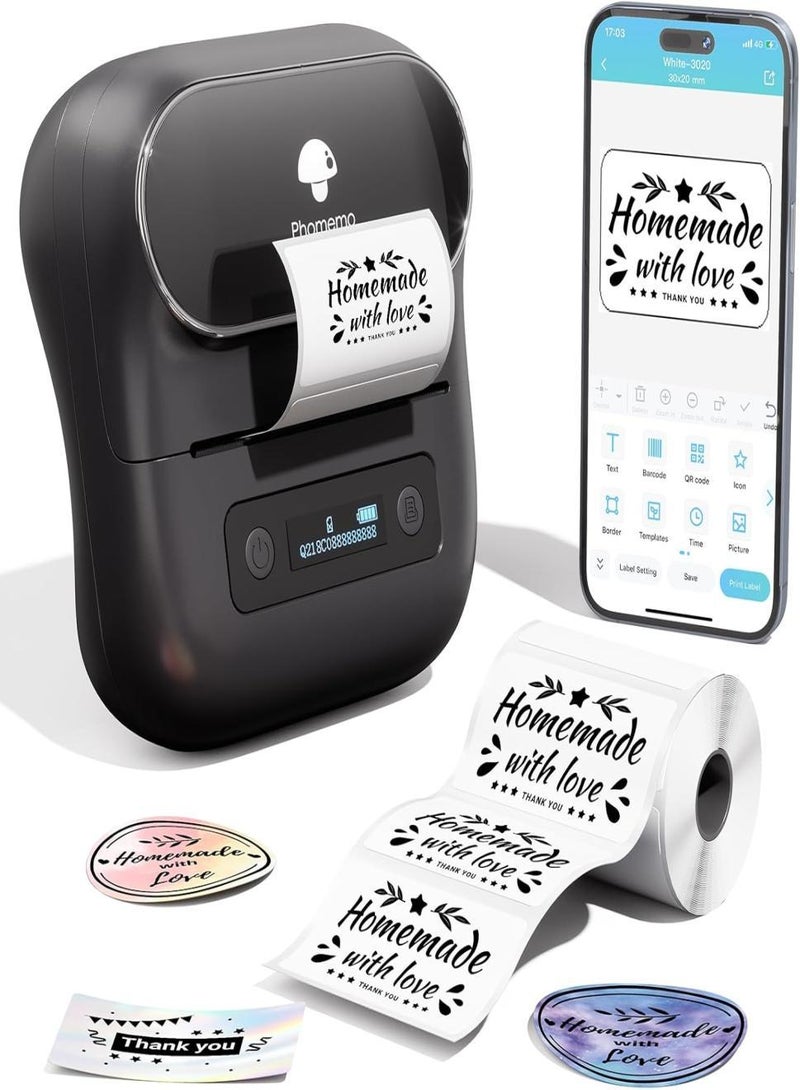 phomemo M220 Label Maker - 80mm Bluetooth Barcode Printer, Portable, Phone/PC Compatible, Ideal for Business & Home Use, Black Design.1 Printer + 1 Roll Labels  - Image 2