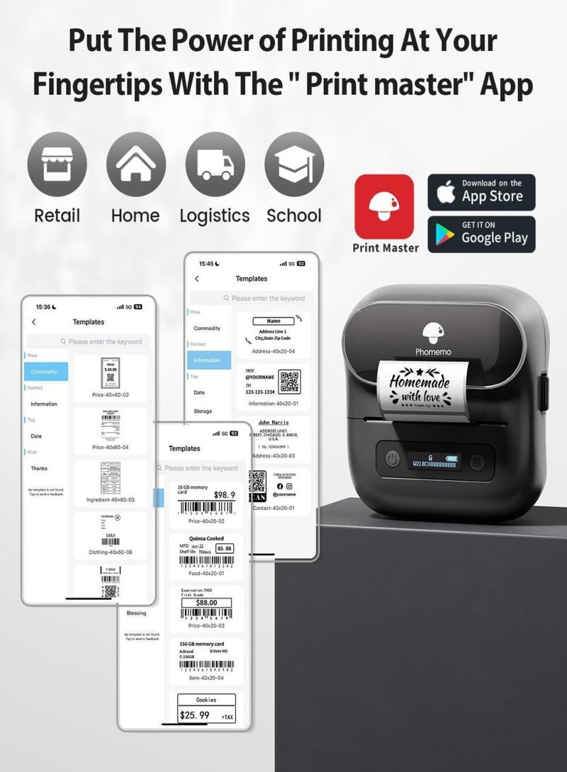 phomemo M220 Label Maker - 80mm Bluetooth Barcode Printer, Portable, Phone/PC Compatible, Ideal for Business & Home Use, Black Design.1 Printer + 1 Roll Labels  - Image 4