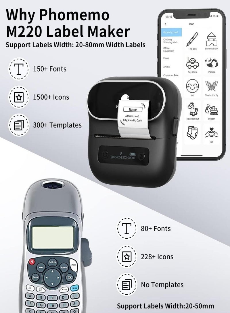 phomemo M220 Label Maker - 80mm Bluetooth Barcode Printer, Portable, Phone/PC Compatible, Ideal for Business & Home Use, Black Design.1 Printer + 1 Roll Labels  - Image 5