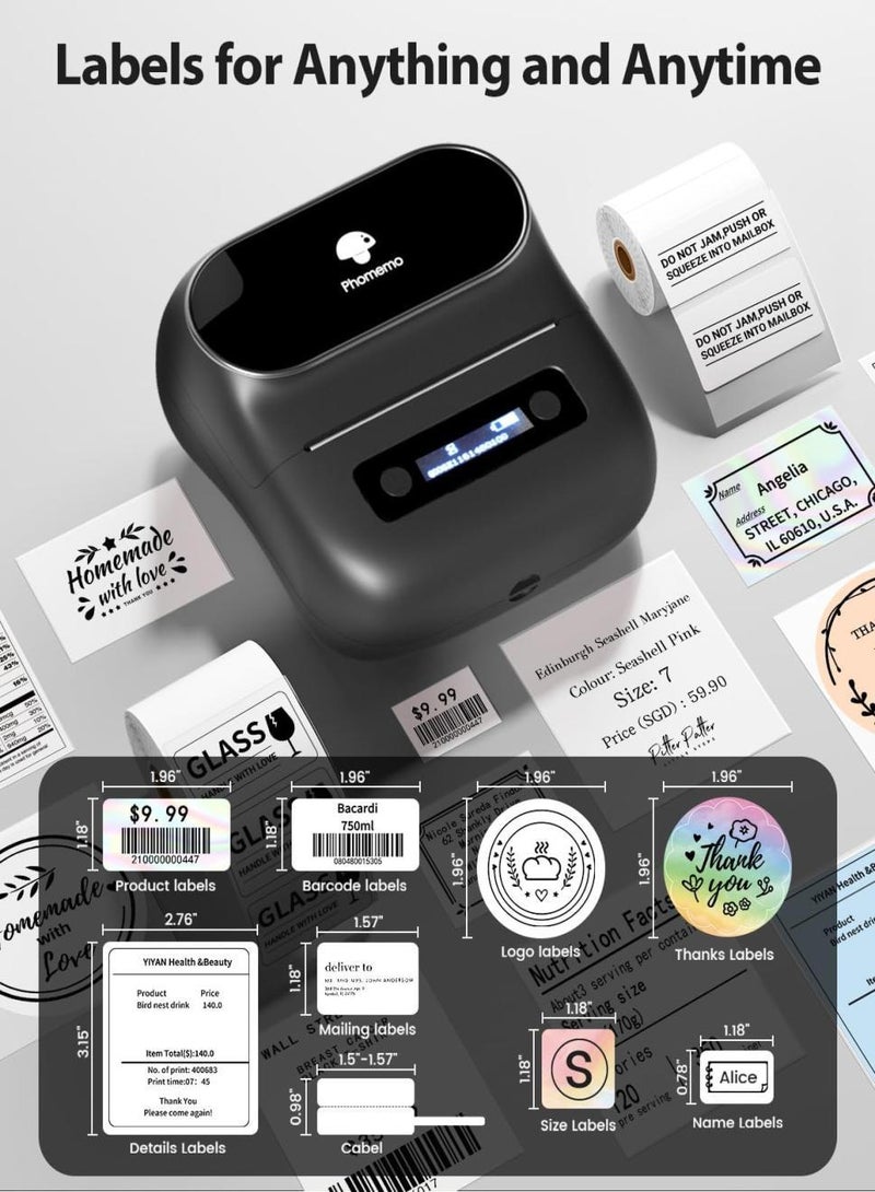 phomemo M220 Label Maker - 80mm Bluetooth Barcode Printer, Portable, Phone/PC Compatible, Ideal for Business & Home Use, Black Design.1 Printer + 1 Roll Labels  - Image 3