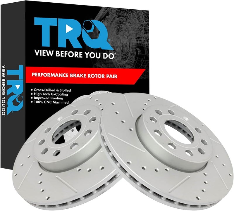 TRQ Front Performance Brake Rotor Drilled Slotted Pair Set for 2011-2015 Audi A3 / 2011-2015 Audi A3 Quattro / 2010-2017 VW Golf / 2005-2015 VW Jetta / 2006-2009 VW Rabbit - Image 1
