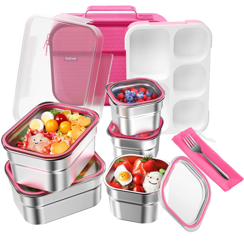 Dacool Stainless Steel Lunch Box Bento For Kids Adults Leakproof Bpa-Free Metal Lunch Containers Tray 5-Compartment With Fork For Girls Food Snack Containers For School Outdoors  Pink - Image 1