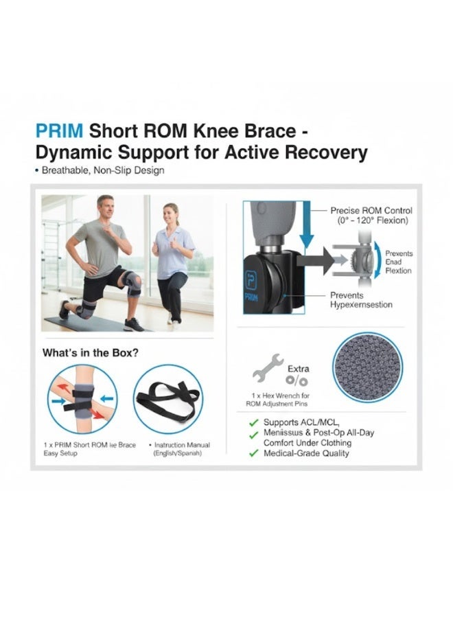 PRIM Semi-Open Short ROM Knee Brace – Adjustable Post-Op Recovery Support with Hinged Range of Motion Control – Breathable Wrap-Around Knee Immobilizer for ACL, MCL, Meniscus & Ligament Injuries - Image 2