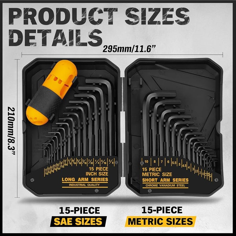 ELEAD 31-Piece Hex Key Set - Allen Wrench Set, SAE and Metric Allen Keys, MM(0.7mm-10mm) SAE(0.028-3/8), Heat-Treated Steel, Torque Handle, High Leverage, Long & Short Keys, Easy Organization - Image 2