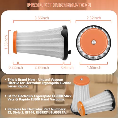 HASMX Vacuum Filter E2 Replacement for Electrolux Ergorapido EL2000 Stick Vacs & Rapido EL800 Hand Vacuums, Vacuum Cleaner Filter Replaces Part Numbers: E2, Style 2, EF144, EL65521, EL65521A (2-Pack) - Image 5
