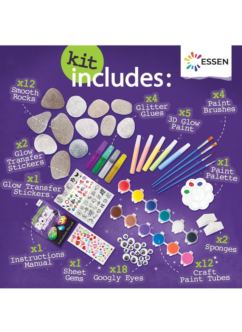 ESSEN Rock Painting Kit for Kids Glow In The Dark Rock Set DIY Arts Crafts Toys for Kids Birthday Party Gifts Toys Creative Fun Activities Art Kit with 12 Rocks, 6 Metallic, 6 Standard, 5 Glow In The Dark Paints, Stickers, Gems for Ages 4-12 Year Old Kids Teens Boys Girls  - Image 4