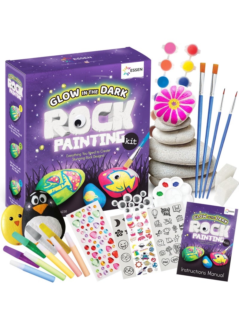 ESSEN Rock Painting Kit for Kids Glow In The Dark Rock Set DIY Arts Crafts Toys for Kids Birthday Party Gifts Toys Creative Fun Activities Art Kit with 12 Rocks, 6 Metallic, 6 Standard, 5 Glow In The Dark Paints, Stickers, Gems for Ages 4-12 Year Old Kids Teens Boys Girls  - Image 1