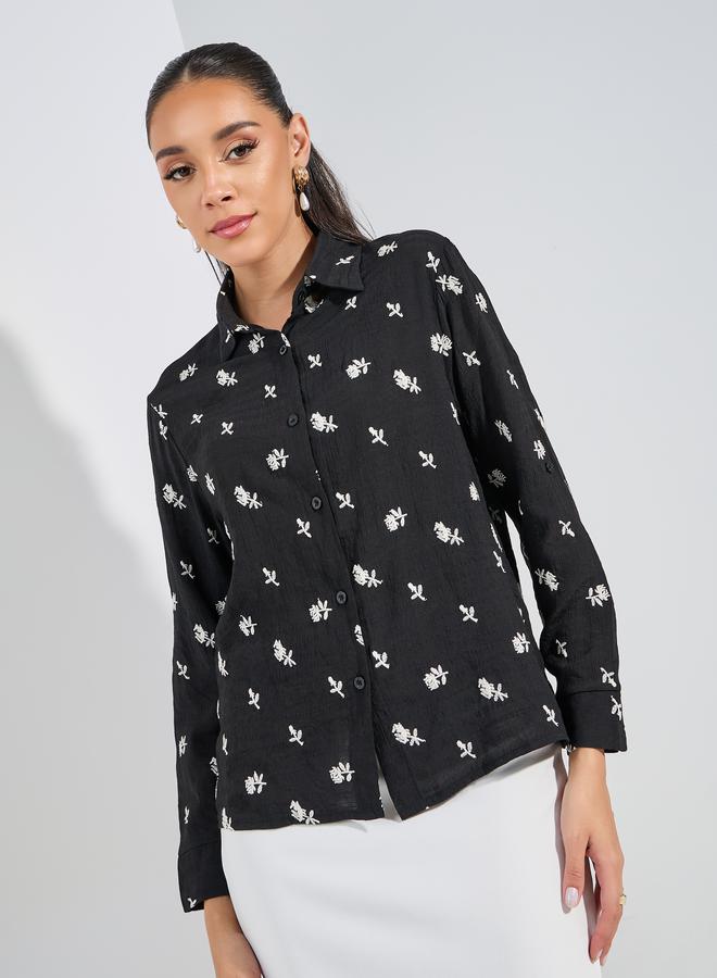 Styli Embroidered Detail Button Down Shirt with Cuffed Sleeve  - Image 3