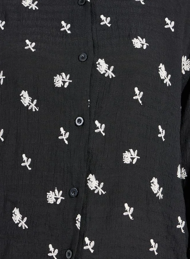 Styli Embroidered Detail Button Down Shirt with Cuffed Sleeve