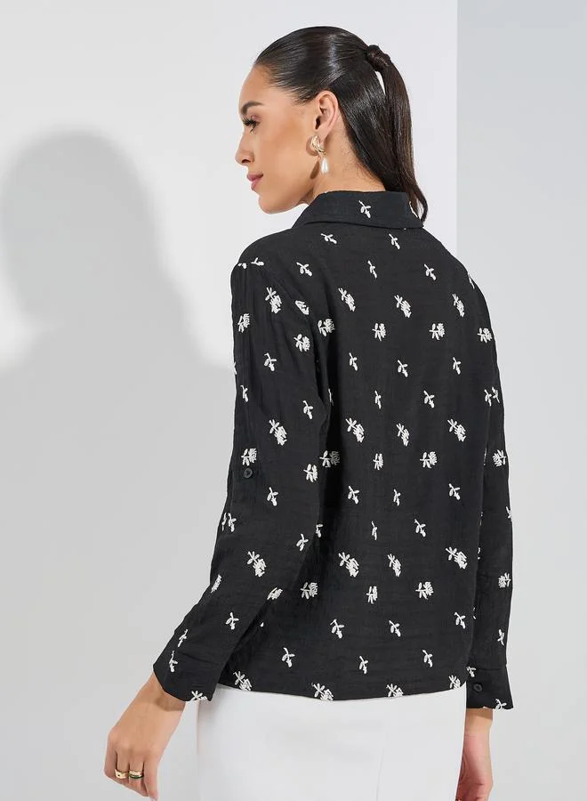 Styli Embroidered Detail Button Down Shirt with Cuffed Sleeve
