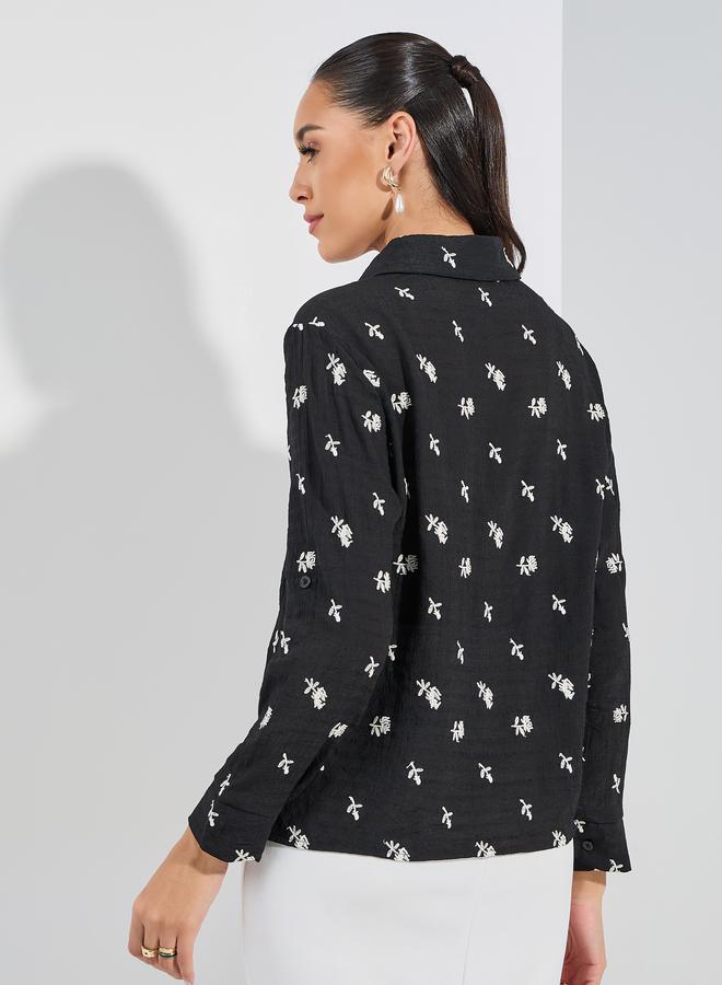 Styli Embroidered Detail Button Down Shirt with Cuffed Sleeve  - Image 5