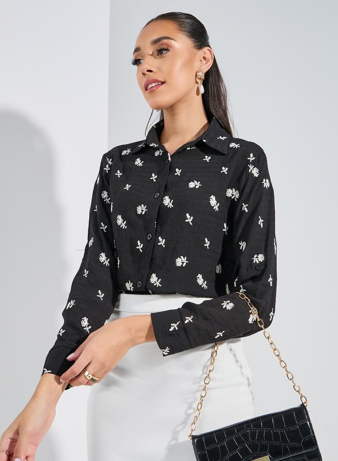 Styli Embroidered Detail Button Down Shirt with Cuffed Sleeve  - Image 1