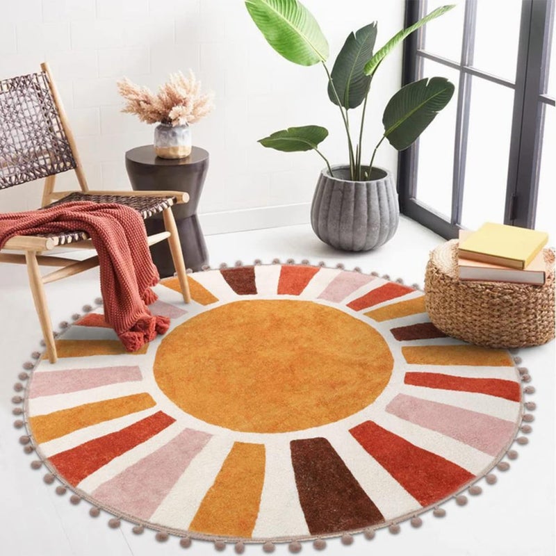 KIMODE Retro Sun Round Rugs Living Room 120cm Non Slip Area Rugs for Bedroom Soft Machine Washable Rugs Living Room with Pom Poms Fringe Circle Entryway Rug for Bedroom Living Dining Room