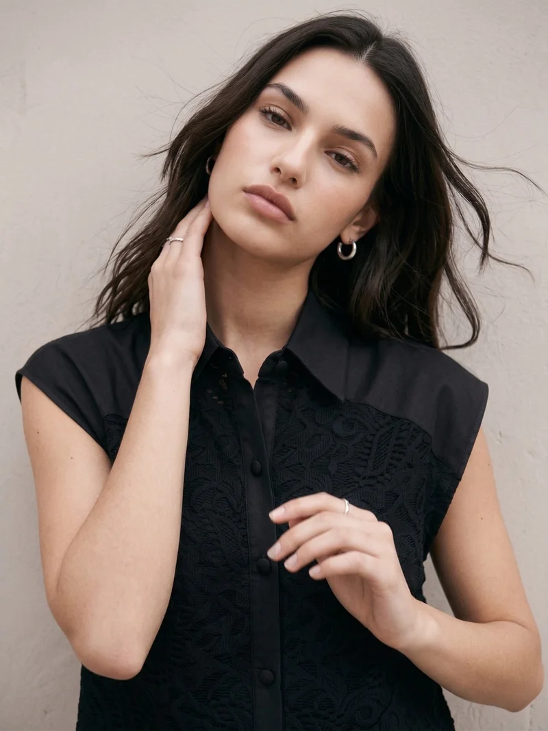 أوجيدر Black Lace Overlay Shirt With High Low Hemline