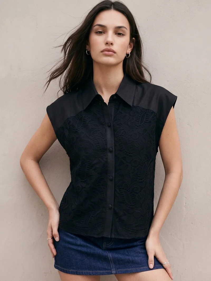 Outzidr  Black Lace Overlay Shirt With High Low Hemline for Women | Best Price UAE