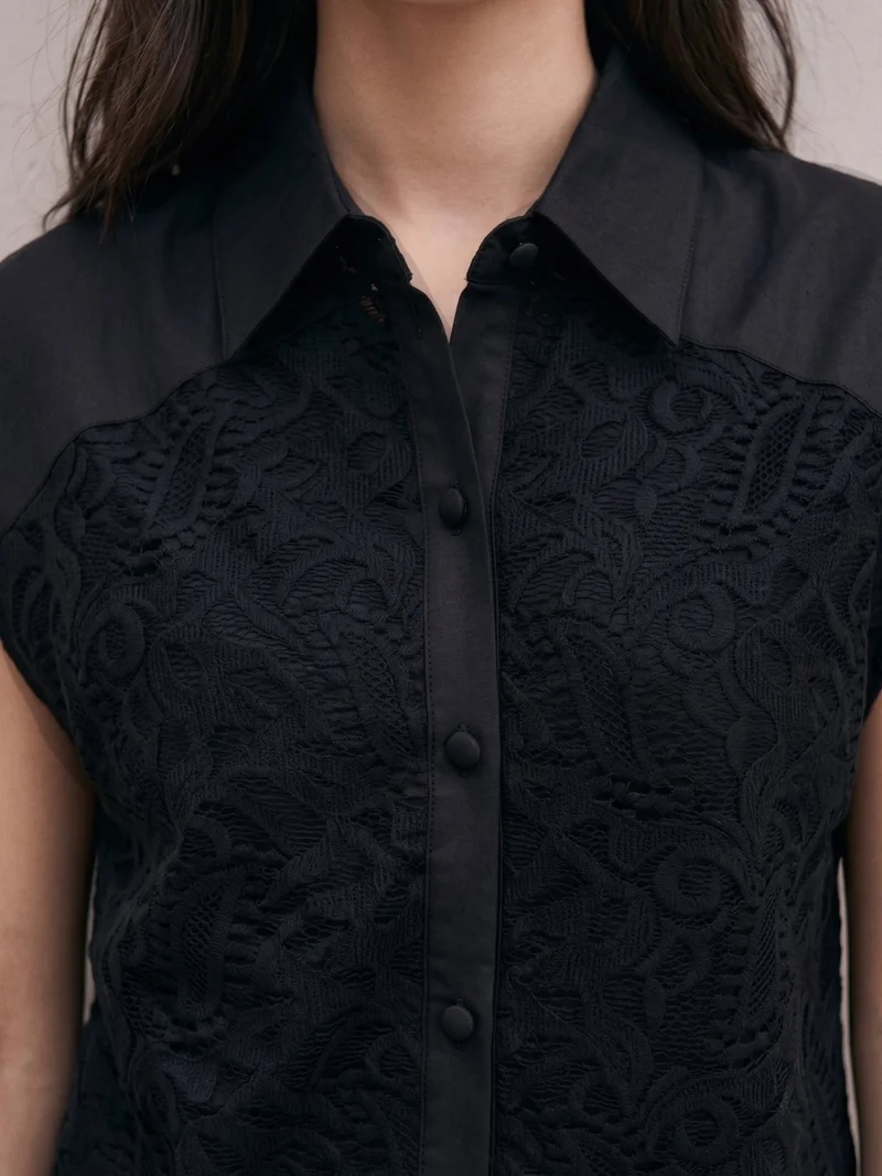 Outzidr  Black Lace Overlay Shirt With High Low Hemline for Women | Best Price UAE