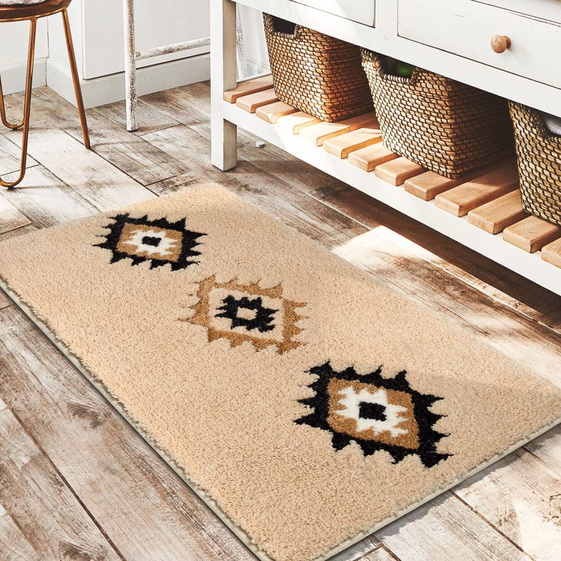DEXDE Bathroom Rugs Boho Moroccan Bath Rug 20x32 Inches Geometric NonSlip Bath Mat Cream Beige Machine Washable Quick Dry Absorbent Soft for Bathroom Neutral Decor - Image 2