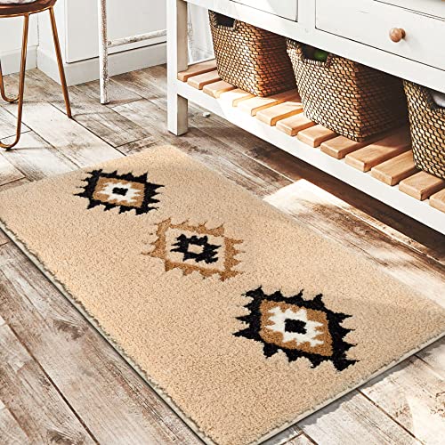 DEXDE Bathroom Rugs Boho Moroccan Bath Rug 20x32 Inches Geometric NonSlip Bath Mat Cream Beige Machine Washable Quick Dry Absorbent Soft for Bathroom Neutral Decor - Image 1
