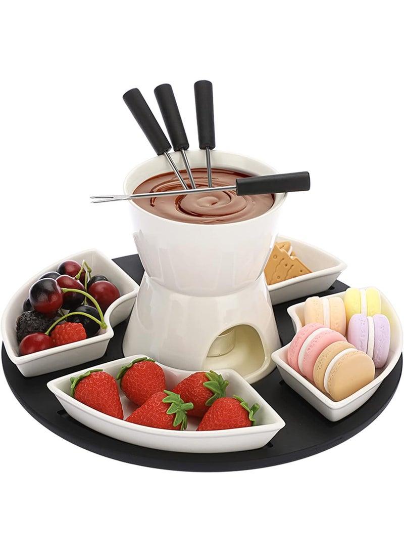 White Ceramic Chocolate Fondue Pot Set Cheese Ice Cream Warmer, 300ml Butter Fondue Set Tea Light Candle Fondue Pot with Wooden Pallet and 4 Forks and 4 Dishes - Image 1