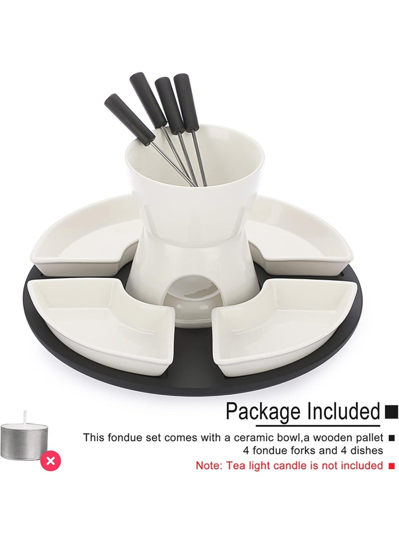 White Ceramic Chocolate Fondue Pot Set Cheese Ice Cream Warmer, 300ml Butter Fondue Set Tea Light Candle Fondue Pot with Wooden Pallet and 4 Forks and 4 Dishes - Image 3
