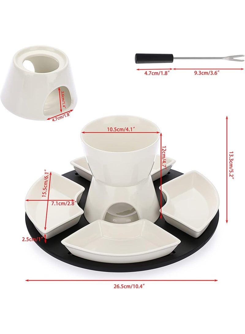 White Ceramic Chocolate Fondue Pot Set Cheese Ice Cream Warmer, 300ml Butter Fondue Set Tea Light Candle Fondue Pot with Wooden Pallet and 4 Forks and 4 Dishes - Image 4