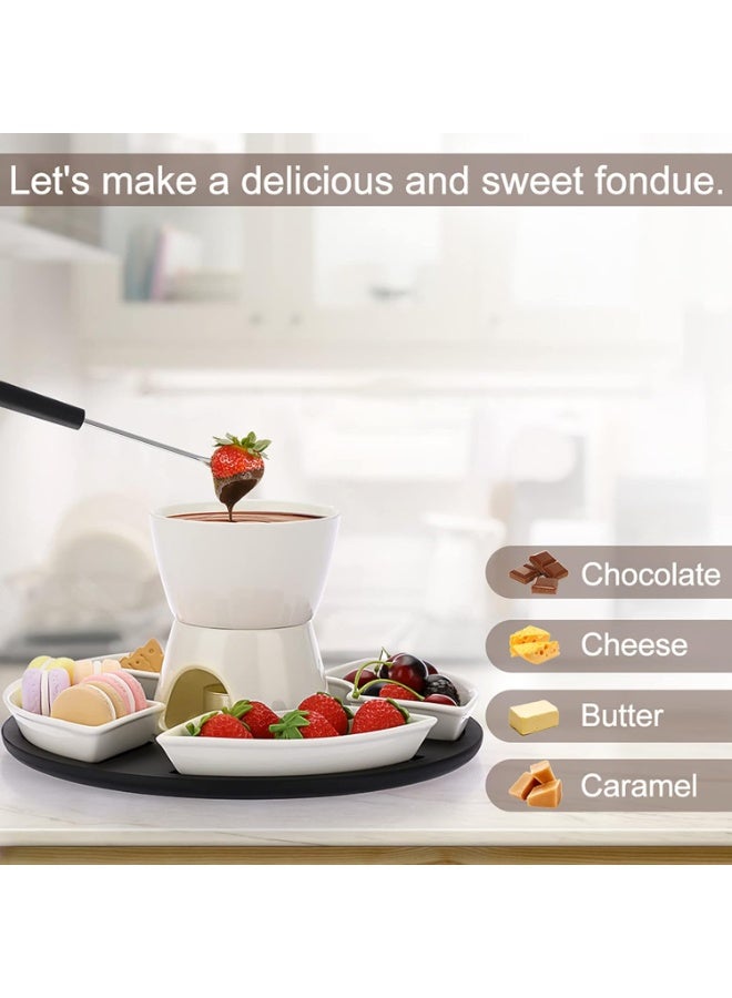 White Ceramic Chocolate Fondue Pot Set Cheese Ice Cream Warmer, 300ml Butter Fondue Set Tea Light Candle Fondue Pot with Wooden Pallet and 4 Forks and 4 Dishes - Image 2