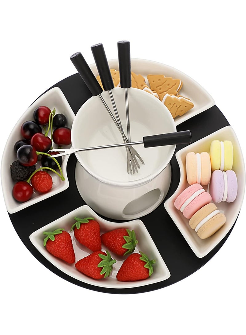 White Ceramic Chocolate Fondue Pot Set Cheese Ice Cream Warmer, 300ml Butter Fondue Set Tea Light Candle Fondue Pot with Wooden Pallet and 4 Forks and 4 Dishes - Image 5