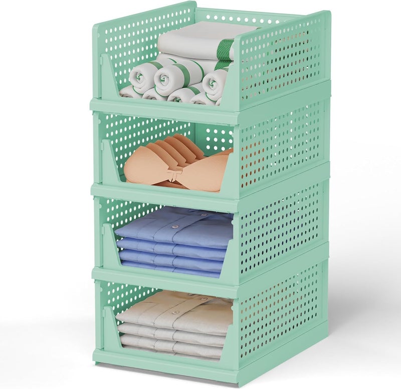 Lamok Stackable Wardrobe Organizer for Clothes Multipurpose Foldable Plastic Closet Storage Organizer for Kitchen Bedroom Bathroom Pack of 6 Green - Image 1