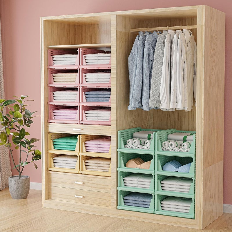 Lamok Stackable Wardrobe Organizer for Clothes Multipurpose Foldable Plastic Closet Storage Organizer for Kitchen Bedroom Bathroom Pack of 6 Green - Image 2