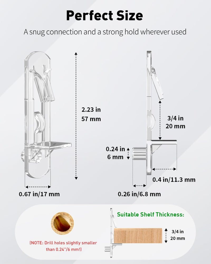 Vibit 28 Pcs Clear Plastic Cabinet Shelf Pegs, 6 mm Self-Locking Shelf Support Pegs Shelf Brackets for 3/4 Inch Thick Shelves, Cabinet Shelf Clips Cabinet Shelf Pins for Wood Shelving - Image 2