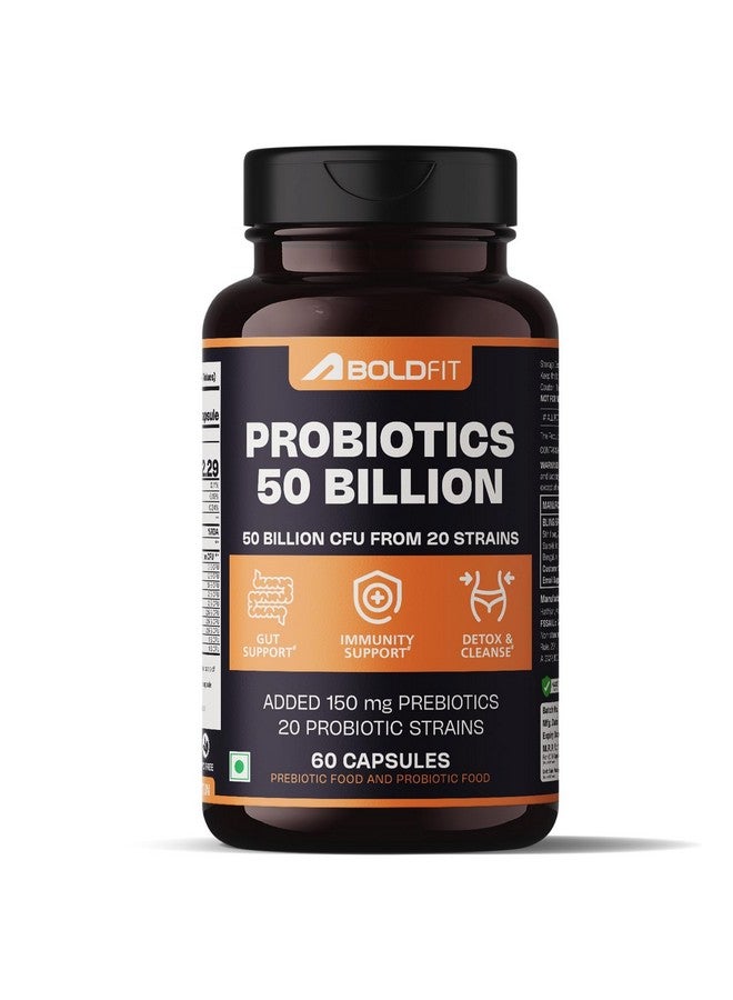 BOLDFIT Boldfit Probiotics Supplement 50 Billion CFU For Men & Women with 20 Strains & Prebiotics - Gut Support, Digestion, Immunity Support, Detox & Cleanse - 60 Vegetarian Capsules, White  - Image 1