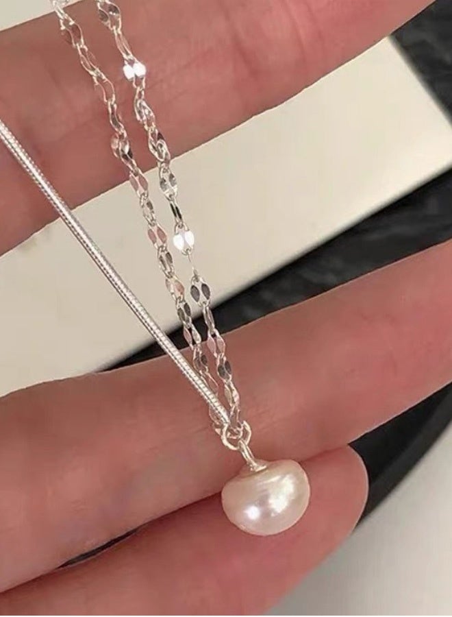 Silver Layered Pearl Pendant Necklace - Minimalist Elegant Jewelry for Daily & Special Occasions | Ideal Gift - Image 4