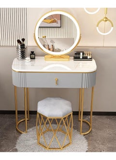 DubaiGallery Modern White Oval Glossy Makeup Vanity with 1 Drawers & Rotatable Mirror & Stool Engineered Wood Dressing Table  - Image 1