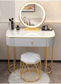 DubaiGallery Modern White Oval Glossy Makeup Vanity with 1 Drawers & Rotatable Mirror & Stool Engineered Wood Dressing Table  - Image 2