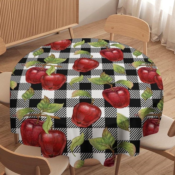 FRESH APPLE TABLECLOTH RUSTIC RETRO BLACK BUFFALO CHECK PLAIDRED APPLE PRINT TABLE CLOTH COVER FOR KITCHEN DINING TABLE INDOOR OUTDOOR PARTY CAMPING DECOR 36X36IN