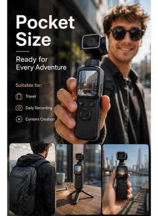 كاميرا بوكيت بدقة 4K لتصوير الفلوج، كاميرا يدوية للفلوج بدقة 75 ميجابكسل بعدسة دوارة بزاوية 330 درجة، مزودة بتقنية الواي فاي وشاشة لمس مقاس 1.72 بوصة ونظام تتبع الوجوه، تأتي مع بطاقة ذاكرة نتاك TF سعة 64 جيجابايت، كاميرا فيديو بوكيت ممتازة للتسجيل اليومي - view 3