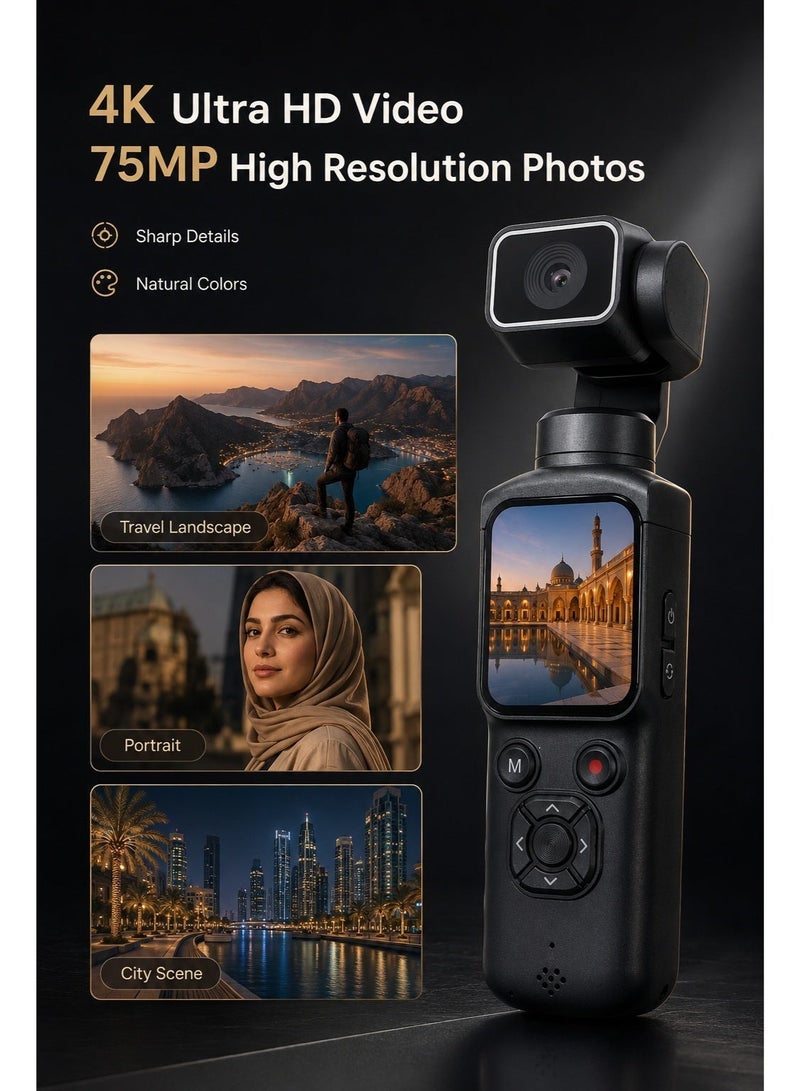 Milatech 4K 75MP Pocket Vlogging&Video Camera with 64GB Memory Card, 330° Rotating Lens, WiFi, Face Tracking & 1.72" Touch Screen, Digital Camera for Beginners, Students, Travel & Daily Recording - Image 2