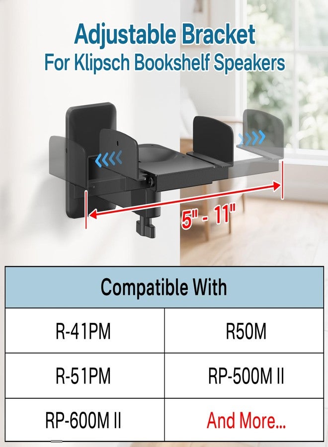 Chunxiao Pair of Adjustable Speaker Wall Mount for Klipsch Bookshelf Speaker Mount - Heavy Duty Side Clamping Wall Speaker Mounts for Klipsch R-40PM R50M RP-500M II RP-600M II Speaker Mount, 55 LBS Capacity - Image 2