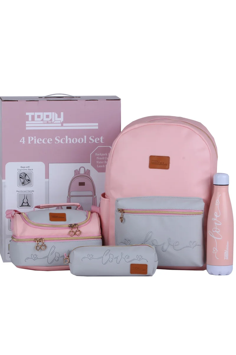 TOOLY 4 Piece School Set with Backpack, Pencil Case, Water Bottle and Lunch Box, Pink and Grey