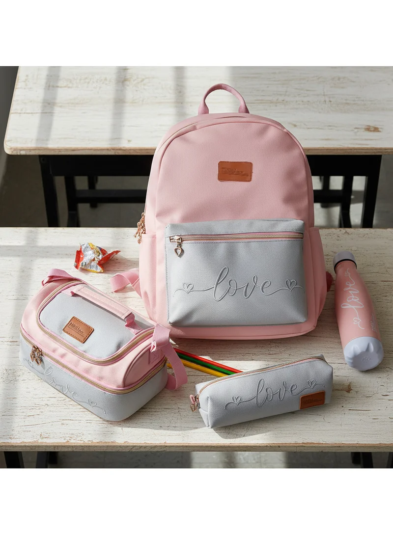 TOOLY 4 Piece School Set with Backpack, Pencil Case, Water Bottle and Lunch Box, Pink and Grey(Size: H 42 X 30 X 13 CM)