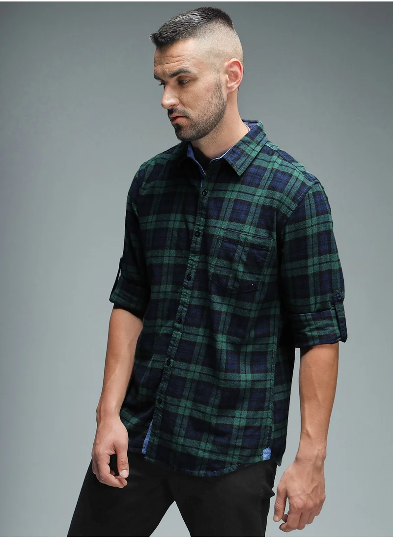 هاي ستار Regular Fit Green Checked Casual Shirt for Men