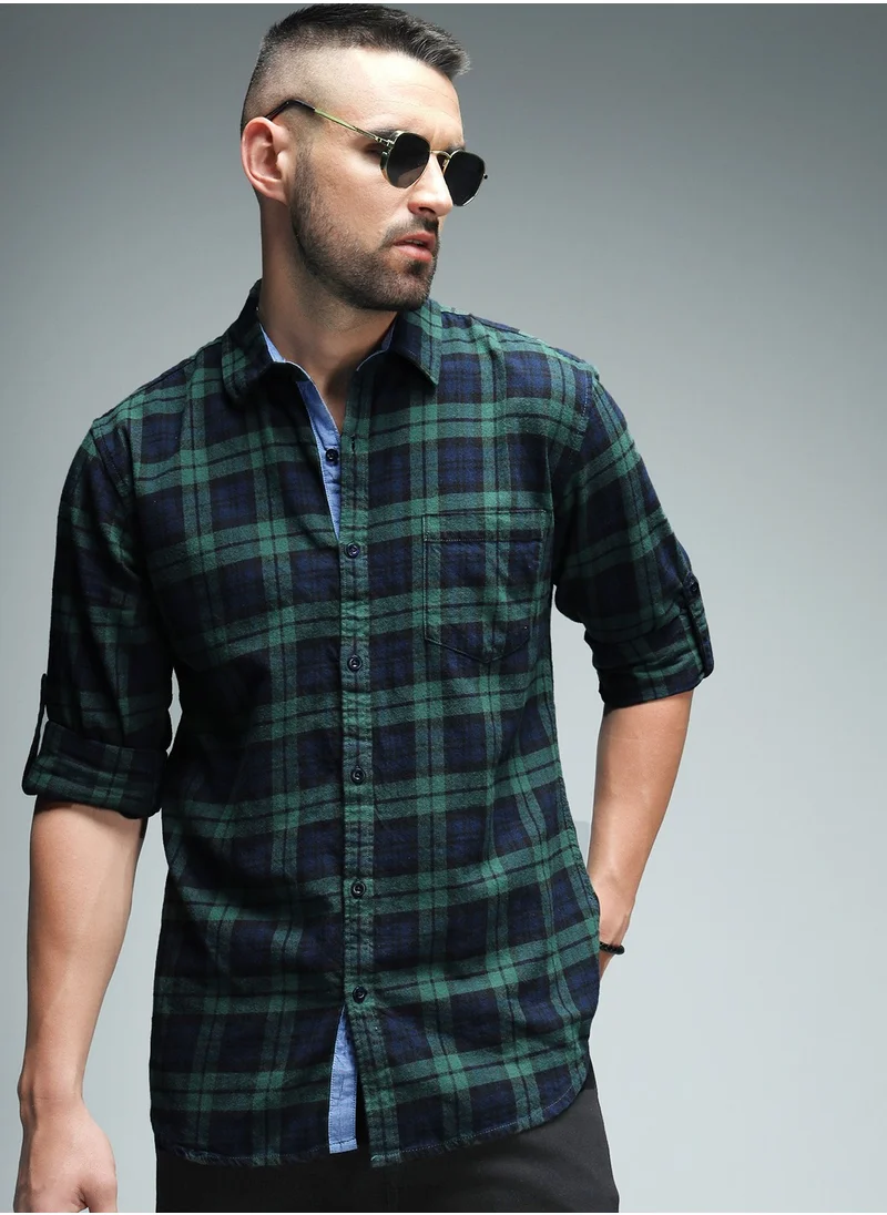 هاي ستار Regular Fit Green Checked Casual Shirt for Men